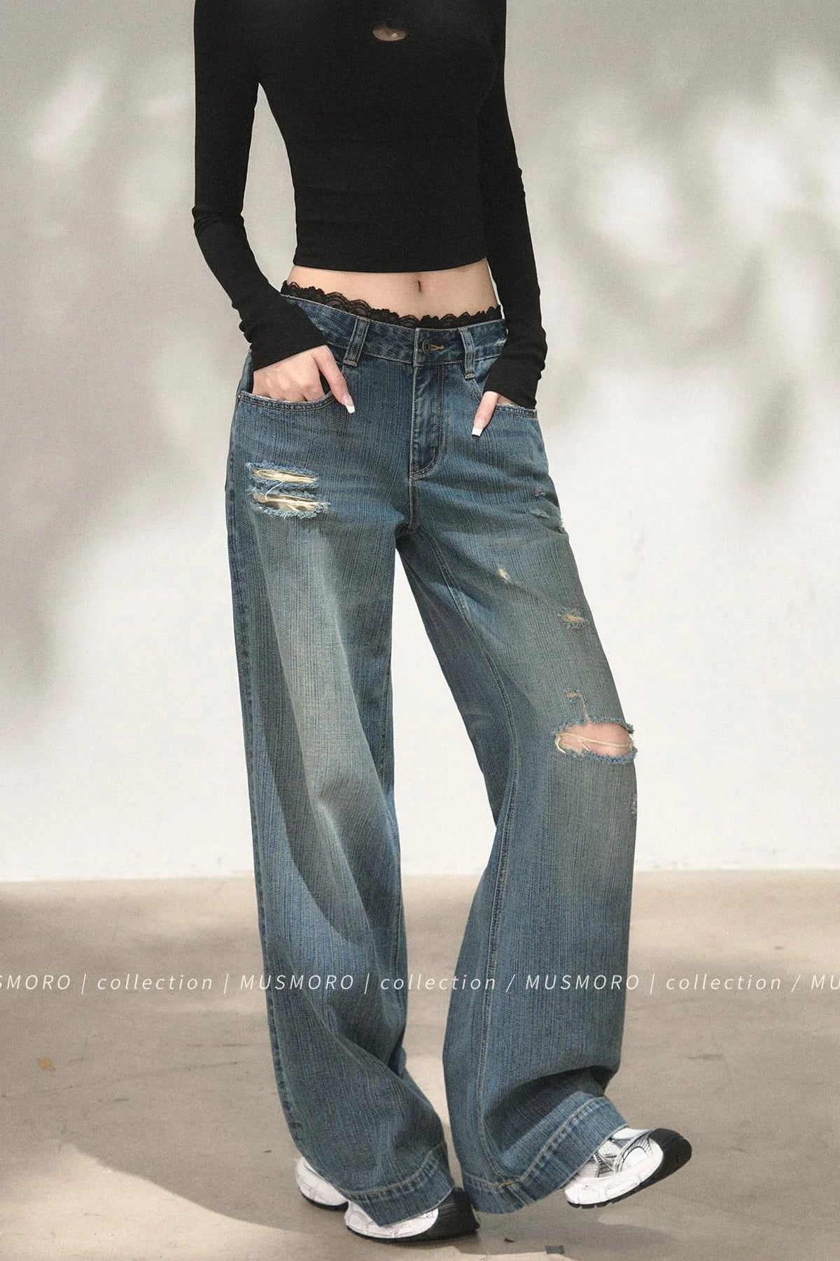 Lace Distressed Wide-Leg Jeans
