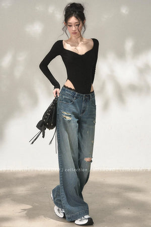 Lace Distressed Wide-Leg Jeans