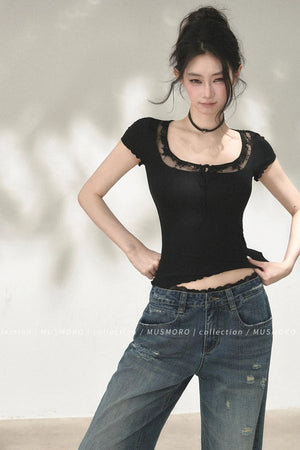 Lace Distressed Wide-Leg Jeans