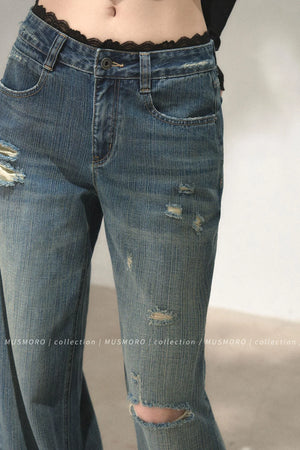 Lace Distressed Wide-Leg Jeans