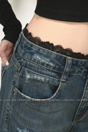 Lace Distressed Wide-Leg Jeans