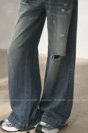 Lace Distressed Wide-Leg Jeans