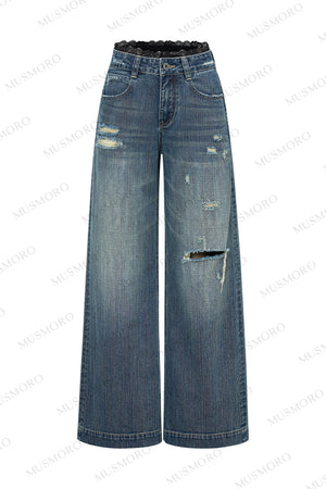 Lace Distressed Wide-Leg Jeans
