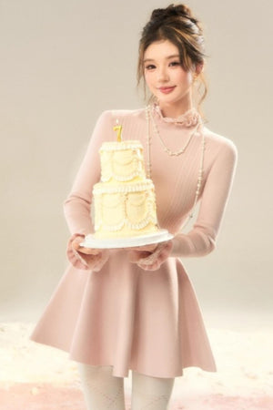 Lace High-Neck Knitted Dress