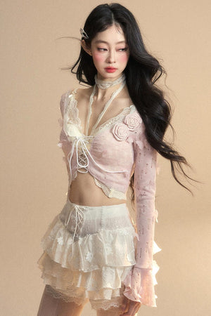 Lace Hollow Neck Long Sleeve Tee Set
