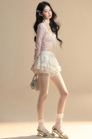 Lace Hollow Neck Long Sleeve Tee Set