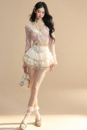 Lace Hollow Neck Long Sleeve Tee Set