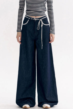Lace Panel Bow Wide-Leg Jeans