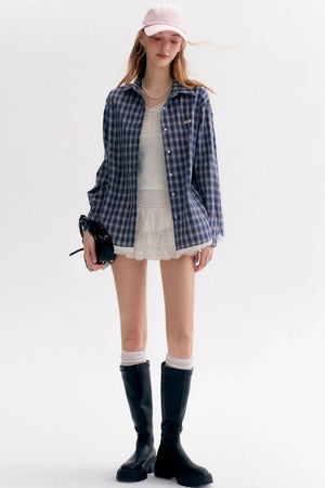 Lace Panel Check Loose Shirt Set-Up