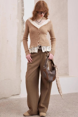 Lace Panel V-Neck Knitted Cardigan