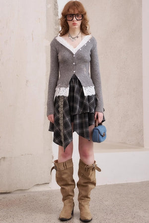 Lace Panel V-Neck Knitted Cardigan