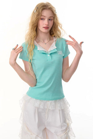Lace Patchwork Fitted Two-Layer T-Shirt