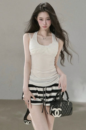 Lace Patchwork Pleated Racerback Camisole