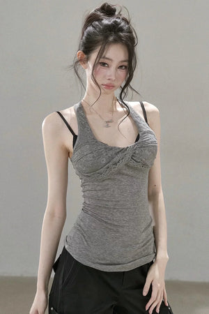 Lace Patchwork Pleated Racerback Camisole