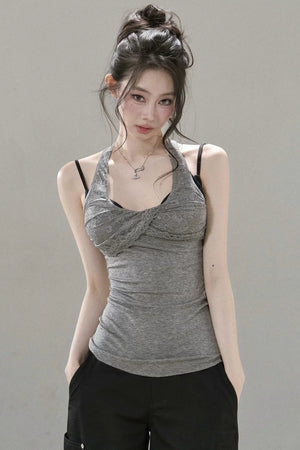 Lace Patchwork Pleated Racerback Camisole