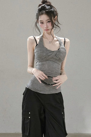 Lace Patchwork Pleated Racerback Camisole