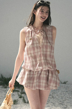 Lace Plaid Puff Dress Set