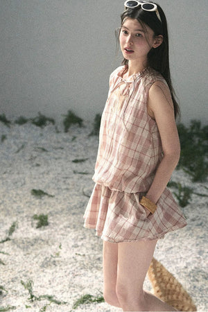 Lace Plaid Puff Dress Set