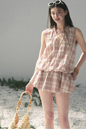 Lace Plaid Puff Dress Set