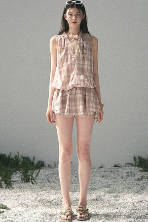Lace Plaid Puff Dress Set