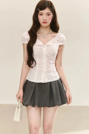 Lace Plaid Puff Sleeve Blouse