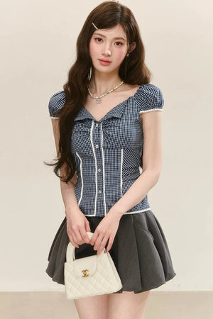 Lace Plaid Puff Sleeve Blouse