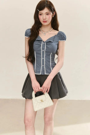 Lace Plaid Puff Sleeve Blouse