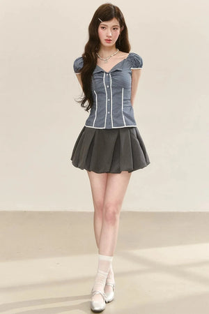 Lace Plaid Puff Sleeve Blouse