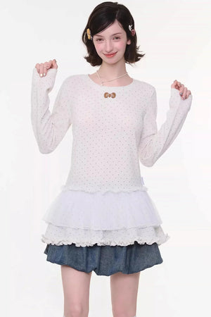 Lace Pleated Polka Dot Top