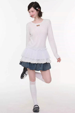 Lace Pleated Polka Dot Top