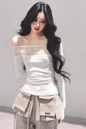Lace Polka Dot One-Shoulder Top