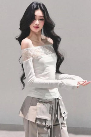 Lace Polka Dot One-Shoulder Top