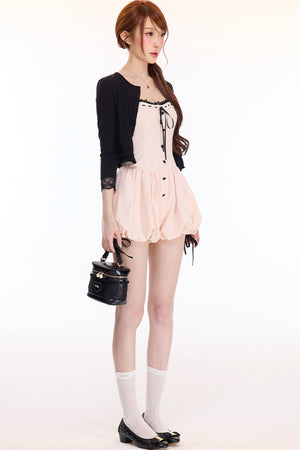 Lace Spliced Puff Shorts Jumpsuit With Knit Cardigan