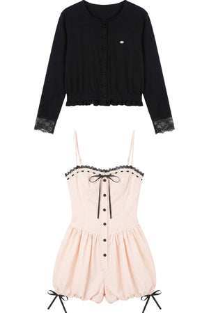 Lace Spliced Puff Shorts Jumpsuit With Knit Cardigan