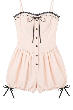 Lace Spliced Puff Shorts Jumpsuit With Knit Cardigan