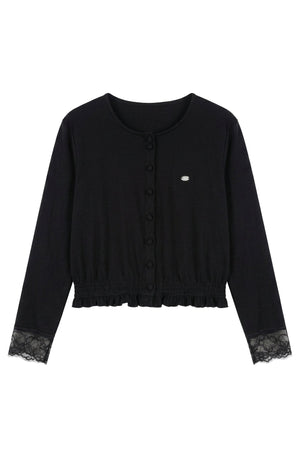 Lace Spliced Puff Shorts Jumpsuit With Knit Cardigan