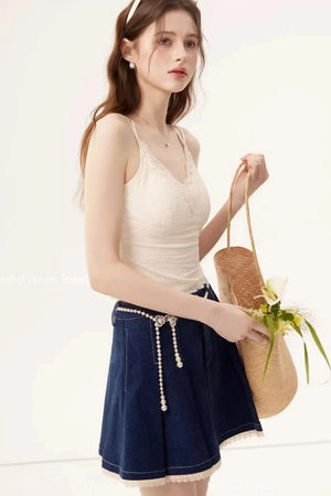 Lace Splicing Denim Skirt