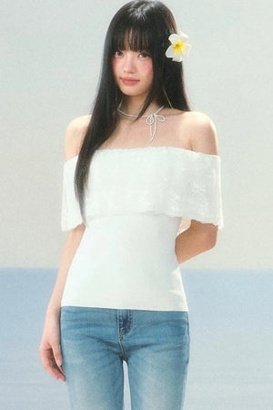 Lace Splicing One-Shoulder Top