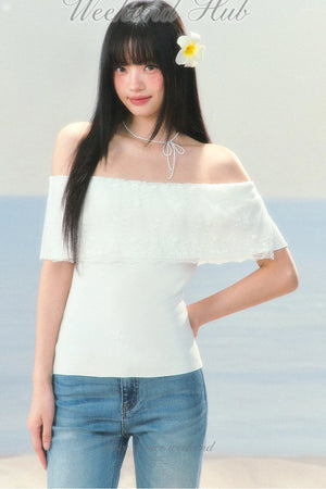 Lace Splicing One-Shoulder Top