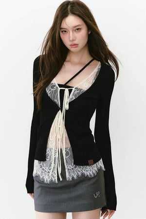 Lace Splicing Woolen Cardigan Top