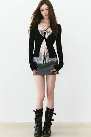 Lace Splicing Woolen Cardigan Top