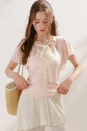 Lace Tie Bowlet Short Sleeve Top