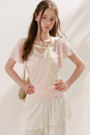 Lace Tie Bowlet Short Sleeve Top