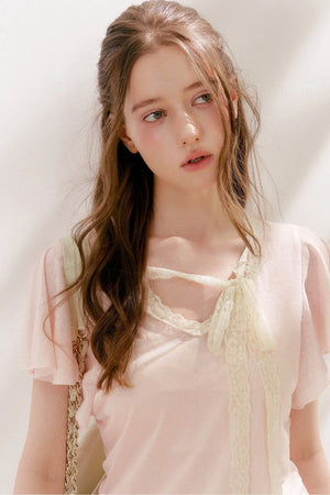 Lace Tie Bowlet Short Sleeve Top