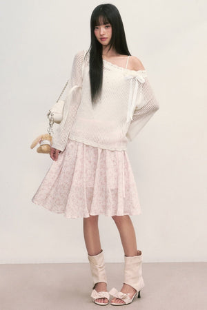 Lace Trim Hollow-Out Off-Shoulder Knit Top and Floral Skirt Set-Up
