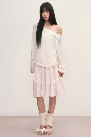 Lace Trim Hollow-Out Off-Shoulder Knit Top and Floral Skirt Set-Up