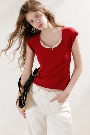 Lace Trim Square Neck Short Sleeve Knit Top
