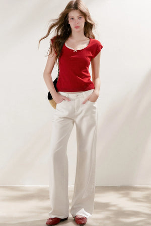 Lace Trim Square Neck Short Sleeve Knit Top