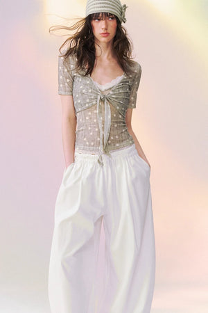 Lace Trim Tie-Front Knit Cardigan Set-Up
