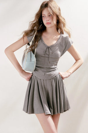 Lace Trim Tie-Up Top and High-Waisted Skirt Pants Set